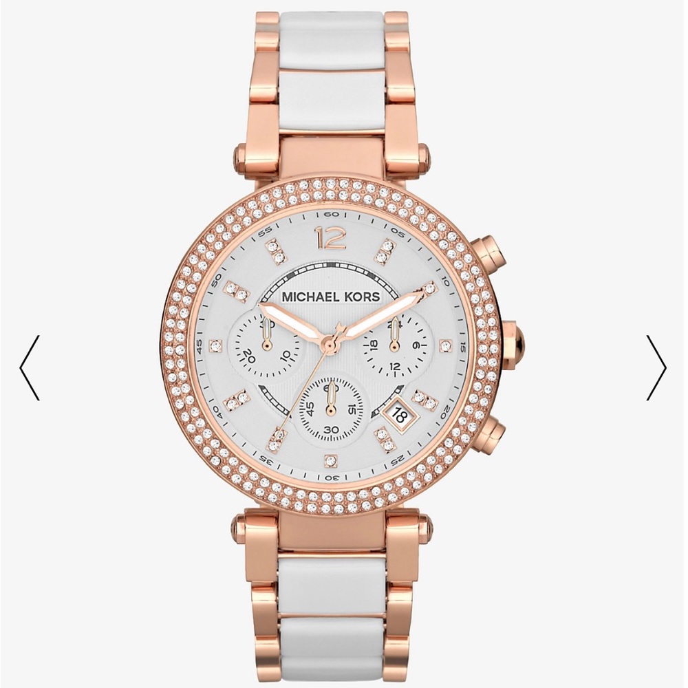 *SALE* Michael Kors Parker Rose Gold-Tone White Acetate Watch **Needs battery**